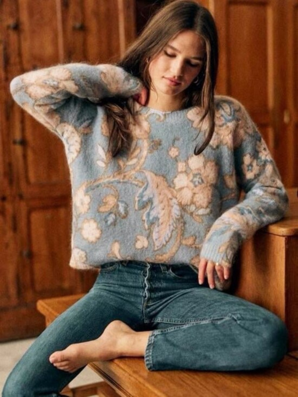 Sezane Helene Pastel Blue Floral Sweater Size XS Wool Mohair